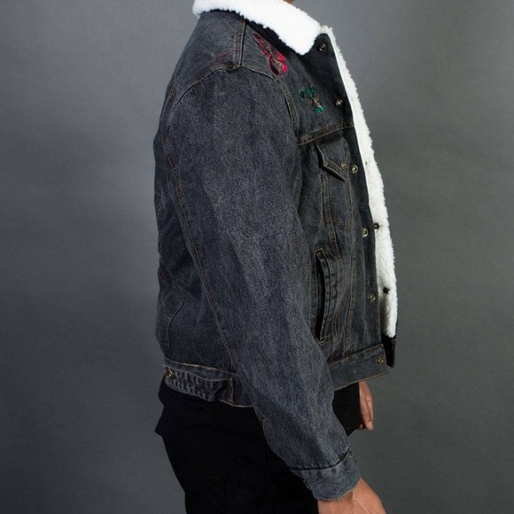 Lifted Anchors Kershaw Sherpa Lined Denim Butterfly Embroidered Jacket Size XL - Picture 3 of 8